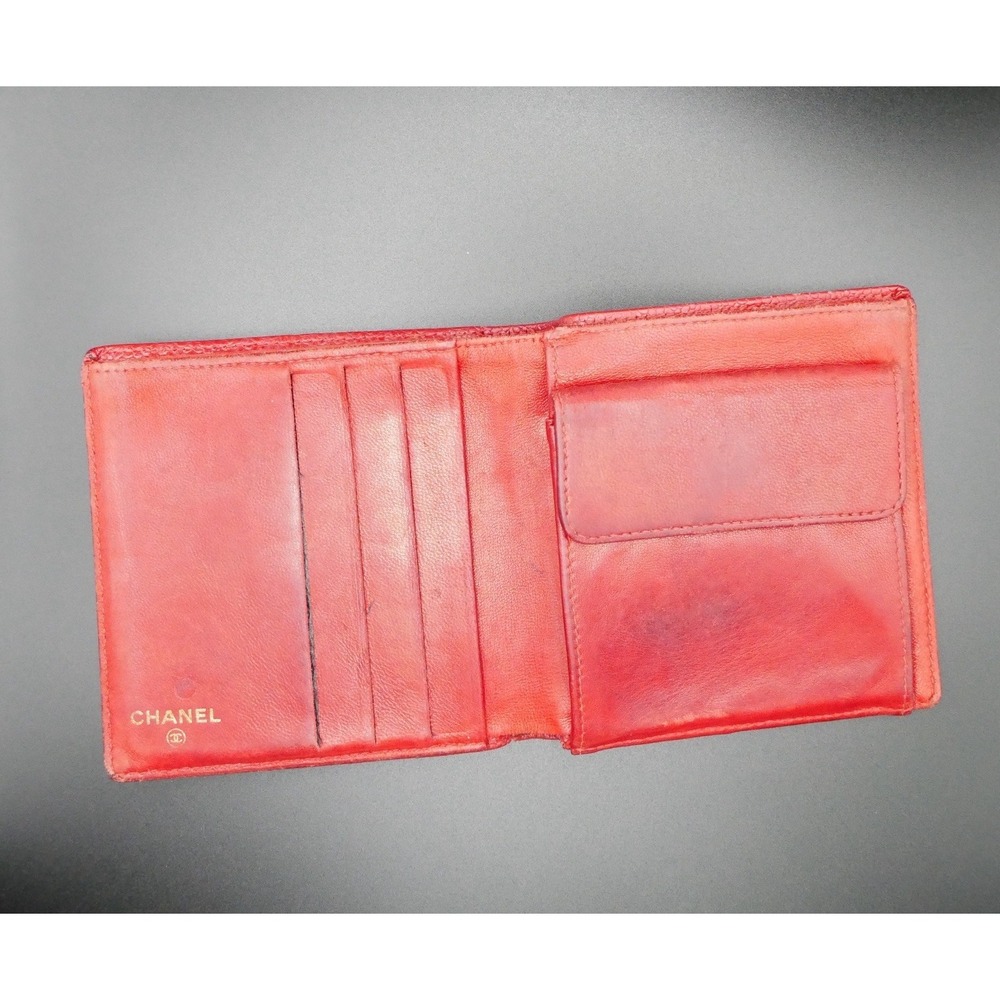 Vintage Chanel Red Caviar Leather CC Logo Bifold Wallet Mens Coin Pocket 4805054 - Picture 3 of 7